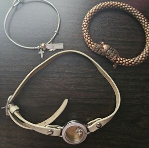 Silver and Copper Bracelets with Cream Watch Strap